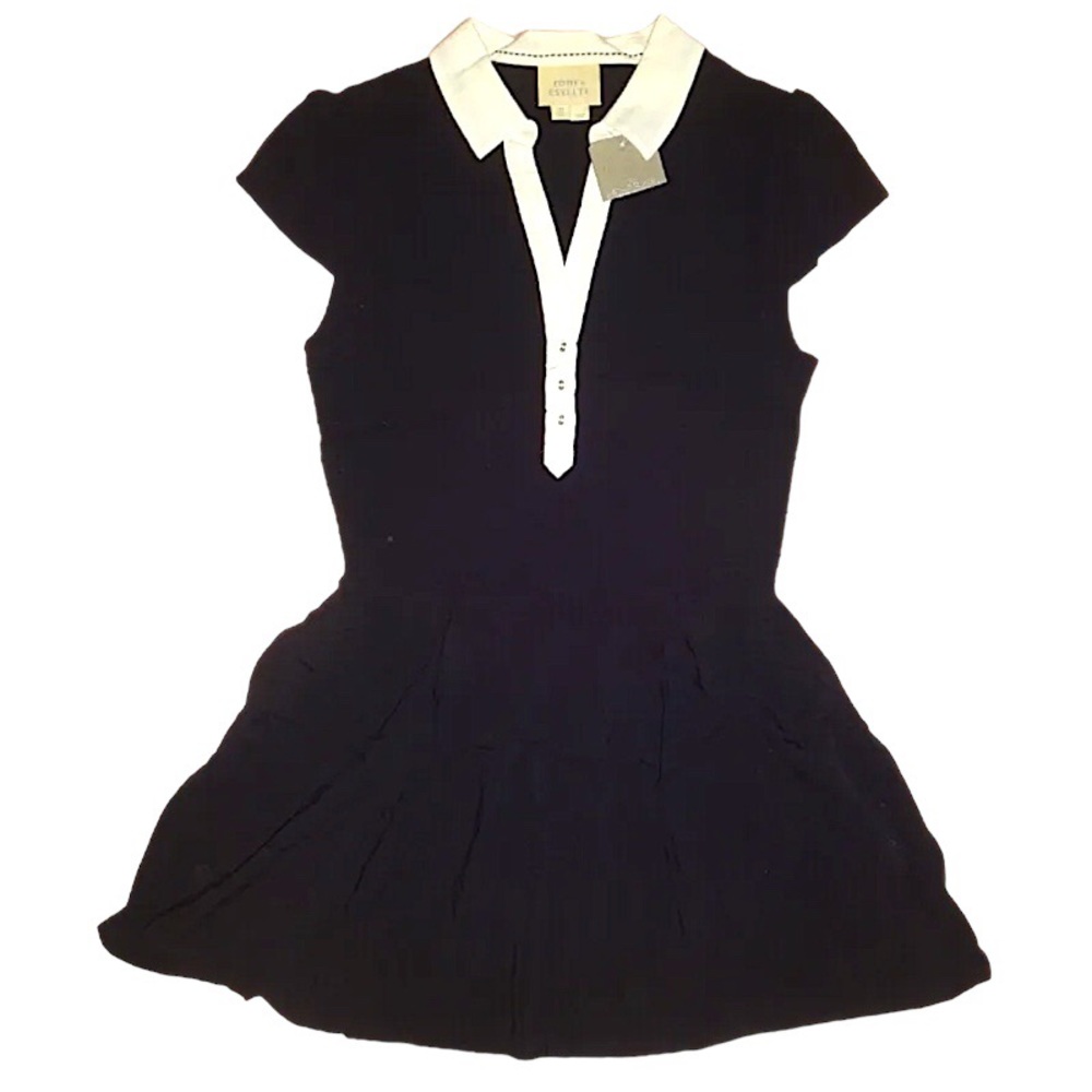 Anthropologie Preppy Top 2 Small Blouse Black White Trim Retro Fit + Flare NWT